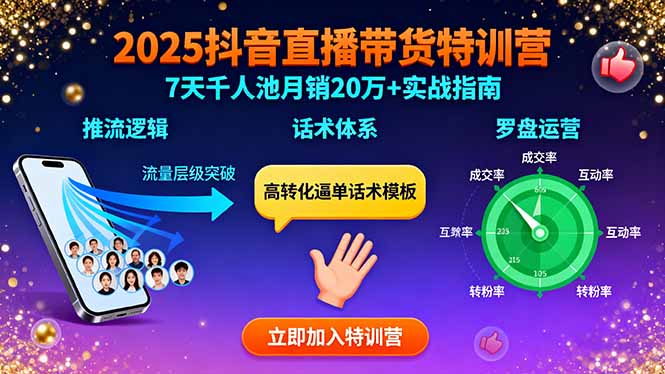 （15958期）2025抖音直播带货特训：推流逻辑、话术体系、罗盘运营,7天千人池月销20万+-观竹阁