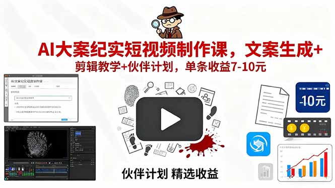 （15992期）AI大案纪实短视频制作课，文案生成+剪辑教学+伙伴计划，单条收益7-10元-观竹阁